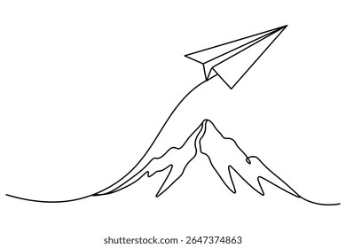 Paper plane and mountain in One Continuous line drawing. Minimalistic concept of world travel and international flight airline in simple linear style. Editable stroke.