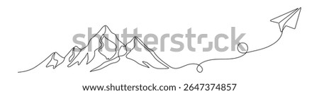 Paper plane and mountain in One Continuous line drawing. Minimalistic concept of world travel and international flight airline in simple linear style. Editable stroke.