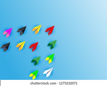 Paper plane on blue background. Different vision creative and Innovative solution for Business concepts.