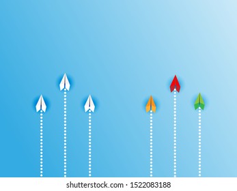 Paper plane on blue background. Different vision creative and Innovative solution for Business concepts.
