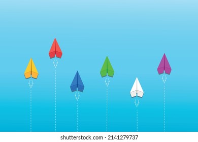 Paper plane on blue background, Business competition concept.