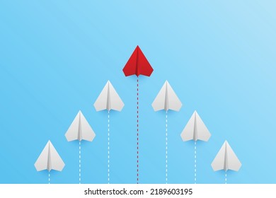 Paper plane on blue background, Business competition concept. leadership for new ideas competition. competitor individual pointing in different ways for new competitive solution.