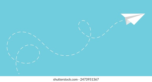 Paper Plane on blue background with dotted path behind. Vector illustration.