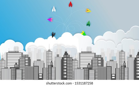 Paper plane on blue city background. Different vision creative and Innovative solution for Business concepts.
