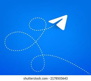 Paper plane on blue sky with the path. Travel vector concept