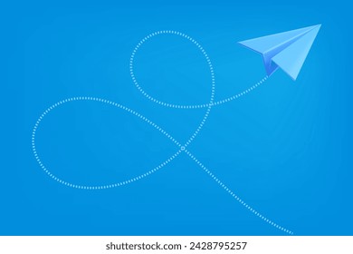 Paper plane on blue sky with the path. Travel vector concept