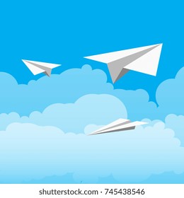 paper plane on the blue sky with clouds. vector illustration