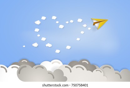 paper plane on the cloudy sky vector illustration, paper cut art and craft style