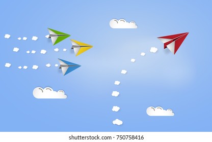 Paper plane on the cloudy sky vector illustration, paper cut art and craft style
