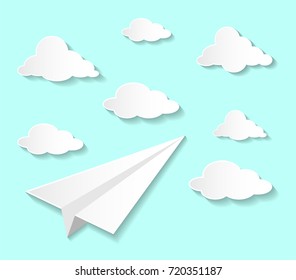paper plane on the sky with clouds. paper style concept