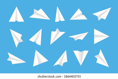 Paper Plane. Origami Airplane. White Isometric Icon For Fly. Launch 3d Aeroplane In Flat Style. Set Of Design Logo On Blue Background. Travel And Aviation Concept. Startup Of Buisness Idea. Vector.