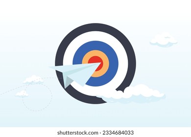 Paper plane origami flying through dartboard or archer bullseye target, business goal or target, challenge or improvement to achieve success, win business competition or motivation concept (Vector)