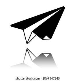 paper plane. origami glider. Black icon with mirror reflection o
