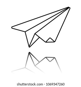 paper plane. origami glider. Black icon with mirror reflection o