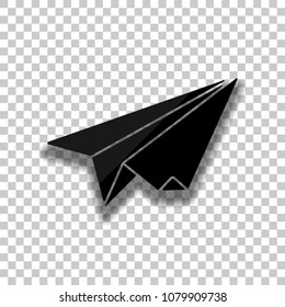 paper plane. origami glider. Black glass icon with soft shadow on transparent background
