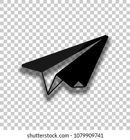 paper plane. origami glider. Black glass icon with soft shadow on transparent background