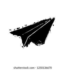 paper plane. origami glider. Black ink with splashes on white background