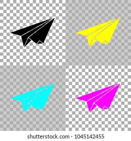 paper plane. origami glider. Colored set of cmyk icons on transparent background