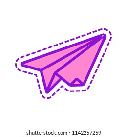 paper plane. origami glider. Colored sketch with dotted border on white background