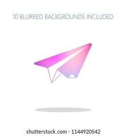 paper plane. origami glider. Colorful logo concept with simple shadow on white. 10 different blurred backgrounds included