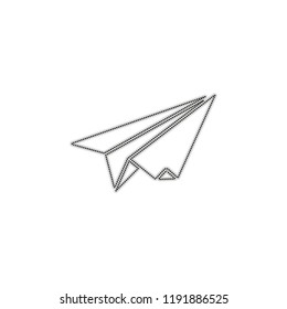 paper plane. origami glider. Dotted outline silhouette with shadow on white background