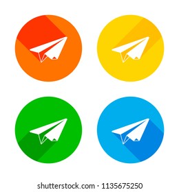 paper plane. origami glider. Flat white icon on colored circles background. Four different long shadows in each corners