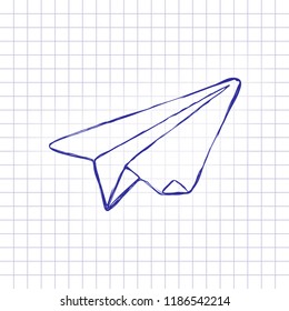 paper plane. origami glider. Hand drawn picture on paper sheet. Blue ink, outline sketch style. Doodle on checkered background