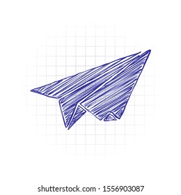 paper plane. origami glider. Hand drawn sketched picture with scribble fill. Blue ink. Doodle on white background