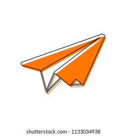 paper plane. origami glider. Isolated icon consisting of black thin contour and orange moved filling on different layers. White background