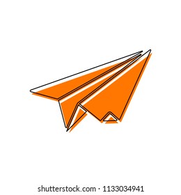 paper plane. origami glider. Isolated icon consisting of black thin contour and orange moved filling on different layers. White background