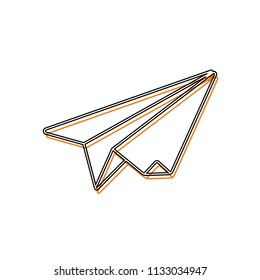 paper plane. origami glider. Isolated icon consisting of black thin contour and orange moved filling on different layers. White background