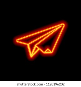 paper plane. origami glider. Orange neon style on black background. Light icon
