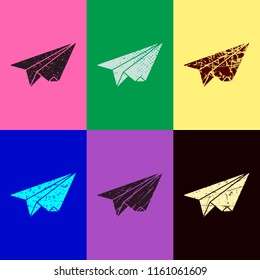 paper plane. origami glider. Pop art style. Scratched icons on 6 colour backgrounds. Seamless pattern