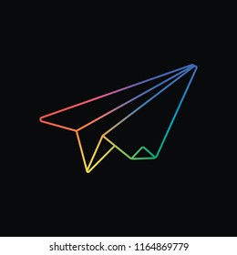 paper plane. origami glider. Rainbow color and dark background