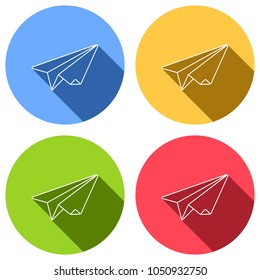 paper plane. origami glider. Set of white icons with long shadow on blue, orange, green and red colored circles. Sticker style