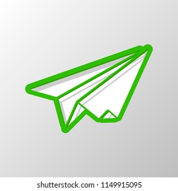 paper plane. origami glider. Paper style. Cut symbol with green bold contour on shape and simple shadow