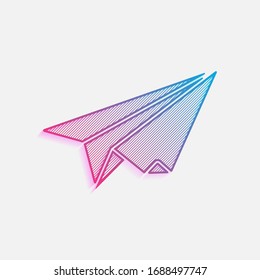 paper plane. origami glider. Technology logo with diagonal lines and colored gradient. Neon graphic, light effect. Blue and red colors
