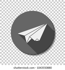 paper plane. origami glider. White flat icon with long shadow in circle on transparent background