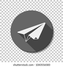 paper plane. origami glider. White flat icon with long shadow in circle on transparent background