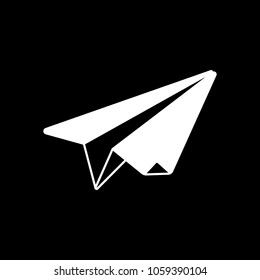 paper plane. origami glider. White icon on black background. Inversion
