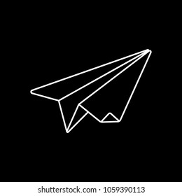 paper plane. origami glider. White icon on black background. Inversion