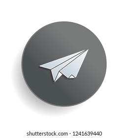 paper plane. origami glider. White paper symbol on gray round button with shadow
