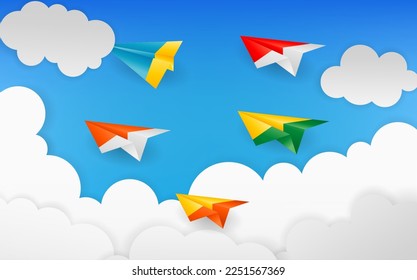 paper plane origami with white cloud.