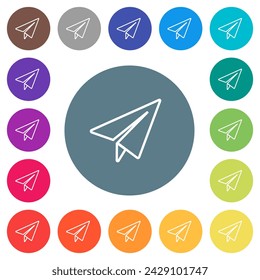 Paper plane outline flat white icons on round color backgrounds. 17 background color variations are included.