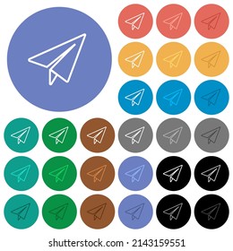 Paper plane outline multi colored flat icons on round backgrounds. Included white, light and dark icon variations for hover and active status effects, and bonus shades.