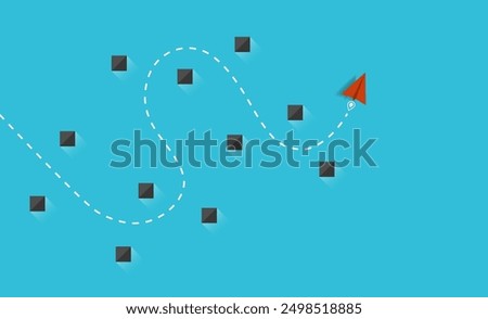 Paper plane passes through the obstacles. Business solutions and the way to success. Overcoming the barriers.