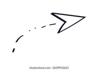 Paper Plane with path. Doodle outline Cursor with Direction. Isolated hand Drawn Arrow. Simple Arrowhead. Pointer written with black ink, marker. Flying message, post. Line sketch. Vector illustration
