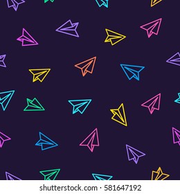 Paper plane pattern colorful line style on dark purple background. Decoration element use for web site, textile and other. Vector Illustration