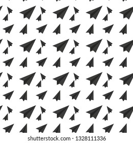 Paper plane pattern repeat seamless in black color for any design. Vector geometric illustration