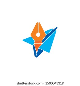 Paper plane and pen logo. Creative writer logo design inspiration. can be used as symbols, brand identity, company logo, icons, or others. Color and text can be changed according to your need.